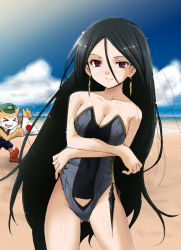 Rule 34 | &gt; &lt;, 00s, 1girl, bare shoulders, beach, black hair, breast hold, breasts, casual one-piece swimsuit, cendrillon (otogi-jushi akazukin), cleavage, crossed arms, day, earrings, closed eyes, hand fan, folding fan, fox, japan, jewelry, kaiga, large breasts, long hair, ocean, one-piece swimsuit, otogi-juushi akazukin, purple eyes, smile, solo focus, swimsuit, very long hair