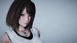Rule 34 | 1girl, 3d, black shirt, blue eyes, breasts, brown hair, final fantasy, final fantasy x, green eyes, grey background, heterochromia, highres, jewelry, looking at viewer, medium breasts, medium hair, necklace, shirt, solo, square enix, upper body, white shirt, yuna (ff10)