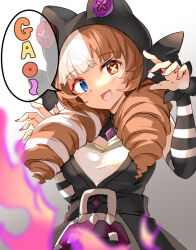Rule 34 | 1girl, :d, animal ears, black dress, blonde hair, blue eyes, breasts, brown hair, dress, drill hair, fake animal ears, fang, fire, gradient background, grey background, gwen (league of legends), hands up, heterochromia, highres, large breasts, league of legends, long hair, looking at viewer, multicolored hair, nail polish, open mouth, pink nails, red eyes, shirt, smile, solo, soul fighter gwen, teeth, two-tone hair, umagenzin, upper teeth only, white shirt