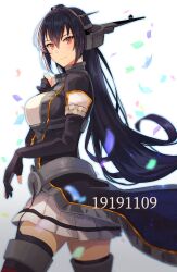 Rule 34 | 1girl, black coat, black gloves, black hair, blush, breasts, closed mouth, coat, cowboy shot, dated, elbow gloves, from side, garter straps, gloves, hair between eyes, headgear, highres, kantai collection, kasumi (skchkko), large breasts, long coat, long hair, looking at viewer, nagato (kancolle), nagato kai ni (kancolle), partially fingerless gloves, pleated skirt, red eyes, red thighhighs, simple background, skirt, smile, solo, thighhighs, white background, white skirt