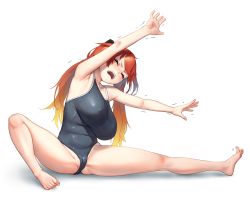 Rule 34 | 1girl, beeeeen, blonde hair, breasts, cameltoe, cleft of venus, closed eyes, covered erect nipples, full body, gradient hair, highres, large breasts, last origin, long hair, may of doom, multicolored hair, one-piece swimsuit, open mouth, orange hair, sitting, solo, stretching, swimsuit