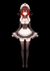 Rule 34 | 1girl, absurdres, apron, bare shoulders, black background, black sleeves, black thighhighs, breasts, cleavage, detached sleeves, doha skylightscent, dress, frilled dress, frills, full body, highres, large breasts, long hair, long sleeves, maid, maid headdress, original, red eyes, red hair, shiny clothes, shiny skin, simple background, solo, thighhighs, virtual youtuber, waist apron, white apron, zettai ryouiki