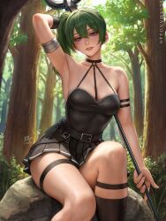 Rule 34 | 1girl, arm strap, arm up, armlet, armpits, artist name, bare shoulders, belt, black belt, black choker, black dress, black footwear, boots, breasts, bush, choker, cleavage, collarbone, commentary, dress, english commentary, forest, gloves, green hair, hair between eyes, highres, knee boots, kneehighs, large breasts, long hair, looking at viewer, mage staff, nature, o-ring, o-ring choker, outdoors, parted lips, pleated dress, purple eyes, rock, sciamano240, shiny skin, short dress, side ponytail, signature, single glove, sitting, smile, socks, solo, sousou no frieren, suspenders hanging, teeth, thigh strap, ubel (sousou no frieren), watermark