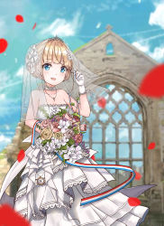 Rule 34 | 1girl, :d, absurdres, adjusting clothes, adjusting headwear, alternate costume, arm up, azur lane, bare shoulders, blue sky, blurry, bouquet, bow, bridal veil, building, choker, church, cloud, cloudy sky, collarbone, commentary request, depth of field, dress, flower, frilled dress, frills, girls&#039; frontline, gloves, hair bow, hair ribbon, highres, holding, holding bouquet, jewelry, le triomphant (azur lane), looking at viewer, necklace, off-shoulder dress, off shoulder, open mouth, petals, reflection, ribbon, rose, short hair, sidelocks, sky, smile, solo, tiara, veil, wedding dress, white dress, white gloves, wind, window, zarsy