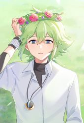 Rule 34 | 1boy, blue eyes, collared shirt, commentary, creatures (company), day, flower, game freak, grass, green hair, hair between eyes, hand up, highres, jewelry, long hair, looking at viewer, male focus, n (pokemon), necklace, nintendo, outdoors, p (flavorppp), parted lips, pokemon, pokemon bw, shirt, solo, symbol-only commentary, undershirt, white shirt, wreath, wristband