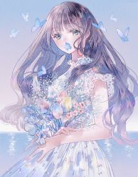 Rule 34 | 1girl, absurdres, bare arms, blue butterfly, blue flower, bouquet, brown hair, bug, butterfly, commentary request, covering own mouth, dress, eyelashes, film grain, floral print, flower, highres, holding, holding bouquet, insect, long hair, multicolored eyes, ocean, original, outdoors, red flower, sakuraba nao, short sleeves, solo, tulip, wavy hair, white dress, yellow flower