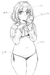 Rule 34 | 1girl, ahoge, arrow (symbol), belly, bikini, breasts, cellphone, character request, cleavage, closed mouth, clothes lift, commentary request, copyright request, cowboy shot, dot mouth, greyscale, highres, holding, holding phone, iphone, iphone 11 pro, lifting own clothes, lineart, long sleeves, looking at viewer, medium breasts, medium hair, monochrome, navel, phone, plump, shigekikkusu, shirt lift, side-tie bikini bottom, smartphone, solo, string bikini, swimsuit, tareme, thighs, translation request, white background
