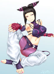 Rule 34 | 1girl, bare shoulders, barefoot, black hair, bracelet, breasts, capcom, chinese clothes, covered erect nipples, detached sleeves, drill hair, dudou, elbow gloves, feet, fingerless gloves, full body, gloves, han juri, jewelry, large breasts, midriff, nail polish, navel, pants, pantyhose, pointy hair, purple eyes, short hair, sideboob, solo, spiked bracelet, spikes, st.germain-sal, street fighter, street fighter iv (series), toeless legwear, toenail polish, toenails, toes, twin drills, twintails