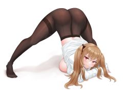 Rule 34 | 1girl, :3, arkucoffee, artist name, ass, black bow, blonde hair, blush, bow, breasts, brown pantyhose, girls&#039; frontline, hair bow, high-waist pantyhose, highres, jack-o&#039; challenge, large breasts, long hair, looking at viewer, meme, no panties, pantyhose, red eyes, scar, scar across eye, scar on face, shirt, signature, solo, twintails, ump9 (girls&#039; frontline), white background, white shirt