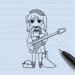Rule 34 | &gt; &lt;, 1girl, art tools in frame, beret, blush, bocchi the rock!, chibi, closed mouth, cube hair ornament, dress, expressionless, full body, gaanetto, gotoh hitori, gotoh hitori (octopus), gotoh hitori (tsuchinoko), greyscale, guitar, hair ornament, hat, holding, holding instrument, instrument, jacket, long hair, long sleeves, looking at viewer, monochrome, one side up, ootsuki yoyoko, open clothes, open jacket, photo (medium), solo, standing, traditional media, twintails