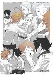 Rule 34 | 1girl, 2boys, belt, black hair, blue eyes, blush, bowl, brown hair, cheek squash, chest tattoo, clothes grab, collared shirt, covered eyes, crossed arms, emma (yakusoku no neverland), feeding, green eyes, hair over one eye, half-closed eyes, hand in own hair, hand under clothes, holding, holding bowl, holding spoon, indesign, looking at another, multiple boys, neck tattoo, nervous, norman (yakusoku no neverland), number tattoo, open mouth, outside border, profile, ray (yakusoku no neverland), scarf, shirt, silver hair, sitting, sketch, smirk, spoon, sweat, tattoo, trembling, yakusoku no neverland