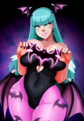 Rule 34 | 1girl, bat (animal), breasts, capcom, demon girl, earrings, green eyes, green hair, highleg, highleg leotard, highres, jewelry, ladycandy2011, large breasts, leotard, licking lips, long hair, morrigan aensland, pantyhose, thick thighs, thighs, tongue, tongue out, vampire (game), wide hips, wings