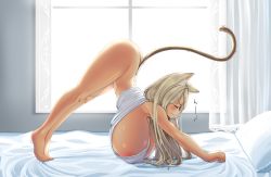 Rule 34 | 1girl, absurdres, animal ears, areola slip, ass, bad id, bad pixiv id, barefoot, bed, blonde hair, bottomless, breasts, cat ears, cat stretch, cat tail, commentary, curtains, highres, huge breasts, kaedeno yuu, long hair, original, pillow, solo, stretching, tail, translation request, window