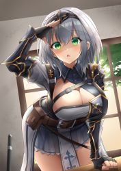 Rule 34 | 1girl, armor, asymmetrical armor, bad id, bad pixiv id, bent over, blush, braid, breasts, cleavage, commentary, covering own eyes, day, fingerless gloves, fleur-de-lis, gloves, gold trim, green eyes, hair between eyes, hololive, indoors, kanaria hisagi, large breasts, leaning forward, open mouth, pauldrons, pelvic curtain, shirogane noel, shirogane noel (1st costume), shirt, short hair, shoulder armor, silver hair, single pauldron, skirt, solo, tabard, thighs, tiara, vambraces, virtual youtuber, waist cape, window, wing collar