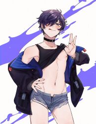 Rule 34 | 1boy, :d, absurdres, black jacket, black tank top, clothes lift, collar, denim, denim shorts, hair ornament, hair over one eye, hairclip, hairpin, highres, indie virtual youtuber, jacket, looking at viewer, male focus, midriff, navel, nipples, off shoulder, open mouth, purple eyes, purple hair, rillia rei, shirt lift, short hair, short shorts, shorts, shoto (vtuber), simple background, smile, solo, stomach, tank top, toned, toned male, tongue, tongue out, torn clothes, torn shorts