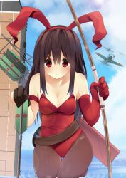 Rule 34 | 10s, 1girl, a6m zero, aircraft carrier, akagi (kancolle), animal ears, arrow (projectile), bow (weapon), breasts, brown hair, brown pantyhose, cleavage, elbow gloves, fake animal ears, gloves, highres, kantai collection, kneeling, leotard, long hair, medium breasts, military, military vehicle, nigo (aozoragarou), ocean, pantyhose, personification, playboy bunny, rabbit ears, red eyes, ship, single elbow glove, smile, solo, warship, water, watercraft, weapon, wrist cuffs
