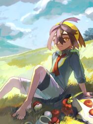 Rule 34 | 1boy, ahoge, arm support, barefoot, closed mouth, cloud, collared shirt, creatures (company), crossed bangs, day, dipplin, field, game freak, grass, green shirt, hair between eyes, highres, kieran (pokemon), knees, leaning back, male focus, merst pere, necktie, nintendo, outdoors, poke ball, poke ball (basic), pokemon, pokemon (creature), pokemon sv, shirt, short hair, shorts, sitting, sky, toes, yellow eyes