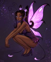 Rule 34 | 1girl, absurdres, antennae, artist name, bare arms, bare shoulders, breasts, brown hair, butterfly wings, choker, commentary, dark-skinned female, dark skin, dress, eyeshadow, fairy, fingernails, full body, high heels, highres, insect wings, large breasts, long fingernails, long hair, looking at viewer, makeup, matilda fiship, original, pink eyes, pointy ears, purple choker, purple dress, purple footwear, purple lips, shoes, simple background, solo, sparkle, squatting, twintails, wings