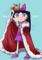 Rule 34 | 1girl, black hair, blue eyes, bow, cape, commentary request, crown, dress, full body, hair bow, isabella garcia-shapiro, long hair, multicolored eyes, natchan blue (nanairopenki), official style, phineas and ferb, purple dress, red cape, smile, solo, toon (style), yellow eyes