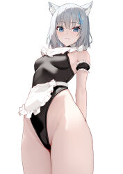 1girl absurdres animal_ear_fluff animal_ears apron black_leotard blue_archive blue_eyes breasts closed_mouth cowboy_shot cross_hair_ornament frilled_apron frills grey_hair groin hair_ornament highres leotard liwen520 looking_at_viewer shiroko_(blue_archive) short_hair simple_background small_breasts solo white_apron white_background wolf_ears