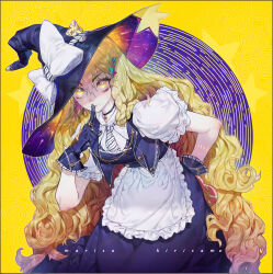 Rule 34 | 1girl, absurdres, alucard pie, apron, black gloves, black skirt, blonde hair, bow, braid, choker, finger to mouth, gloves, hat, hat bow, highres, jewelry, kirisame marisa, long hair, looking at viewer, pendant, puffy short sleeves, puffy sleeves, short sleeves, shushing, side braid, skirt, solo, star-shaped pupils, star (symbol), symbol-shaped pupils, touhou, very long hair, vest, white apron, witch, witch hat, yellow eyes