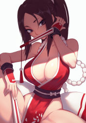 Rule 34 | 1girl, breasts, brown eyes, brown hair, cleavage, folded fan, collarbone, fatal fury, folding fan, hand fan, highres, large breasts, liyart, long hair, looking at viewer, mouth hold, obi, sash, shiranui mai, simple background, sitting, solo, the king of fighters, white background
