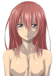 Rule 34 | 10s, 1girl, blue eyes, breasts, canon memphis, collarbone, large breasts, long hair, no nipples, nude, own hands together, parted lips, red hair, shiny skin, simple background, solo, soukyuu no fafner, upper body, watarui, white background