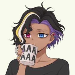 Rule 34 | 1other, alex (pas (paxiti)), androgynous, bags under eyes, beige background, bisexual, bisexual flag, black hair, black shirt, blonde hair, coffee mug, collarbone, colored inner hair, cup, dark skin, drinking, ear piercing, empty eyes, enby colors, enby flag, heterochromia, holding, holding cup, lgbt pride, messy hair, mug, multicolored hair, multicolored nails, nail polish, nb colors, nb flag, non-binary colors, non-binary flag, original, pas (paxiti), piercing, portrait, purple hair, purple nails, shirt, short hair, simple background, solo, streaked hair, white hair, white nails, yellow nails