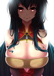 Rule 34 | 1girl, absurdres, azur lane, bad id, bad pixiv id, bare shoulders, black hair, breasts, breasts squeezed together, bridal gauntlets, china dress, chinese clothes, cleavage, cleavage cutout, clothing cutout, creepy eyes, crossed bangs, cutout above navel, dress, empty eyes, evil smile, h.carrrrrrot, highres, huge breasts, long hair, looking at viewer, official alternate costume, red eyes, red lips, simple background, smile, solo, taihou (azur lane), taihou (phoenix&#039;s spring song) (azur lane), very long hair, white background, yandere