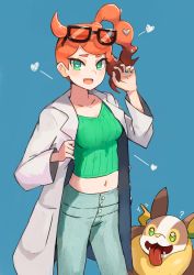 Rule 34 | 1girl, ?, absurdres, blush, breasts, creatures (company), dog, eyewear on head, fangs, game freak, gen 8 pokemon, green eyes, hair ornament, heart, heart-shaped pupils, heart hair ornament, highres, katsu (katsupainter), long hair, long sleeves, looking at viewer, midriff, nail polish, navel, nintendo, open mouth, orange hair, pokemon, pokemon (creature), pokemon swsh, ribbed sweater, side ponytail, simple background, smile, sonia (pokemon), sunglasses, sunglasses on head, sweater, symbol-shaped pupils, tongue, tongue out, yamper
