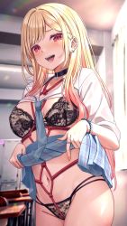 Rule 34 | 1girl, barbell piercing, black bra, black panties, blonde hair, blue skirt, blush, bra, breasts, clothes lift, collared shirt, dress shirt, ear piercing, earrings, highres, industrial piercing, jewelry, kitagawa marin, lace, lace-trimmed bra, lace trim, large breasts, long hair, long sleeves, looking at viewer, navel, necktie, open clothes, open mouth, open shirt, panties, piercing, pleated skirt, red eyes, red rope, rope, saruei, shibari, shibari under clothes, shirt, skirt, skirt lift, sleeves rolled up, smile, solo, sono bisque doll wa koi wo suru, thighs, underwear, white shirt