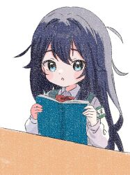 Rule 34 | 1girl, armband, black hair, blue eyes, book, commentary request, green armband, highres, holding, holding book, kimi no koto ga dai dai dai dai daisuki na 100-nin no kanojo, long hair, long sleeves, looking at viewer, shirt, simple background, solo, ume tixya, upper body, white background, white shirt, yoshimoto shizuka