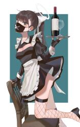 Rule 34 | 1girl, alcohol, alternate costume, apron, black footwear, black gloves, black hair, black mask, blue archive, bottle, chair, cup, drinking glass, extra, fingerless gloves, fishnet thighhighs, fishnets, gloves, halo, highres, maid, maid apron, mask, may.l, mouth mask, on chair, ponytail, sukeban (smg) (blue archive), thighhighs, wine, wine bottle, wine glass