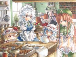Rule 34 | 6+girls, apron, bat wings, black bow, black dress, blonde hair, blue dress, blue hair, book, bookshelf, bow, bowl, braid, cactus, commentary request, cooking, crescent, crescent hat ornament, crystal, dress, egg, eggshell, closed eyes, flandre scarlet, food, fruit, green bow, green headwear, green neckwear, green pants, green vest, hair bow, hat, hat ornament, hat ribbon, head wings, highres, hisako (6anmbblfnjueeff), hong meiling, indoors, izayoi sakuya, jar, juliet sleeves, kitchen, koakuma, long hair, long sleeves, looking at another, medium hair, mixing bowl, mob cap, multiple girls, nail polish, open mouth, pants, patchouli knowledge, pink hair, plant, potted plant, puffy sleeves, purple hair, red eyes, red hair, red nails, red neckwear, red ribbon, remilia scarlet, ribbon, rolling pin, shirt, short sleeves, side ponytail, sitting, smile, star (symbol), star hat ornament, strawberry, table, teapot, touhou, traditional media, twin braids, vest, waist apron, whisk, white dress, white headwear, white shirt, wide sleeves, window, wings