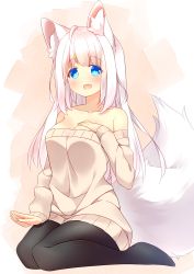 Rule 34 | :d, akiaki (mofumo-freak), animal ear fluff, animal ears, beckoning, blue eyes, blush, breasts, cleavage, fox ears, fox girl, fox tail, hair between eyes, highres, lap pillow invitation, long hair, looking at viewer, open mouth, original, pantyhose, patting lap, seiza, simple background, sitting, smile, solo, sweater, tail, thighhighs, white background, white hair