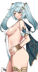 Rule 34 | 1girl, blue hair, bottomless, bracelet, breast curtains, breasts, commentary, dynorz, english commentary, faruzan (genshin impact), genshin impact, hair ornament, hairclip, highres, jewelry, light blue hair, light blush, light smile, looking at viewer, medium breasts, sideboob, simple background, solo, symbol-shaped pupils, thighlet, triangle-shaped pupils, twintails, twitter username, white background, yellow eyes