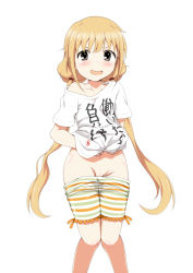 Rule 34 | 1girl, akazawa fuyuki, blonde hair, blush, brown eyes, clothes pull, clothes writing, futaba anzu, groin, highres, idolmaster, idolmaster cinderella girls, looking at viewer, pussy, shorts, shorts pull, simple background, smile, solo, twintails, white background