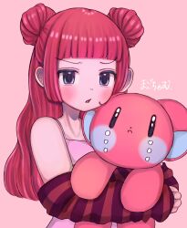 Rule 34 | 1girl, arm warmers, bare shoulders, blunt bangs, double bun, hair bun, highres, holding, holding stuffed toy, long hair, looking at viewer, magochamu, original, parted lips, pink background, pink shirt, red arm warmers, red hair, shirt, sleeveless, sleeveless shirt, solo, spaghetti strap, striped arm warmers, stuffed animal, stuffed toy, upper body