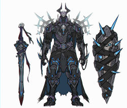 Rule 34 | 1boy, armor, bandages, belt, belt buckle, black armor, black cape, black horns, blood, bloody bandages, bloody weapon, blue cape, blue eyes, breastplate, buckle, cape, chain, character sheet, clawed gauntlets, fate (series), flat color, gauntlets, glowing, grey background, highres, horns, king hassan (fate), looking at viewer, male focus, multicolored cape, multicolored clothes, multicolored horns, nail, ninnin (shishitou), pauldrons, purple horns, shield, shoulder armor, simple background, sketch, skull, solo, spiked shield, spikes, standing, sword, torn, torn cape, torn clothes, two-tone cape, vambraces, weapon