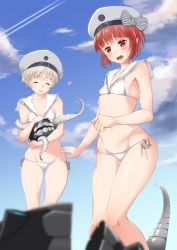 Rule 34 | 10s, 1girl, bikini, blue eyes, blush, breasts, closed eyes, closed mouth, cloud, cosplay, day, enemy naval mine (kancolle), eyebrows, groin, hat, highres, kantai collection, navel, open mouth, outdoors, red eyes, red hair, sailor bikini, sailor collar, saruchitan, short hair, sky, small breasts, solo, standing, swimsuit, white bikini, white hair, white hat, z1 leberecht maass (kancolle), z3 max schultz (kancolle), z3 max schultz (kancolle) (cosplay)
