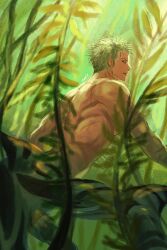 Rule 34 | 1boy, abs, bara, centauroid, feet out of frame, from below, green fur, green hair, highres, long sideburns, looking at viewer, looking to the side, male focus, monsterification, muscular, muscular male, navel, nipples, nok (nok 1), nude, one piece, painterly, roronoa zoro, short hair, sideburns, sideways glance, solo, taur, thick thighs, thighs, tiger boy, tiger stripes