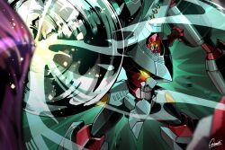 Rule 34 | absurdres, arc gurren-lagann, attack, commentary, cosmo-5, debris, drill, foreshortening, glowing, glowing eyes, highres, looking at viewer, mecha, no humans, robot, science fiction, signature, solo, super robot, tengen toppa gurren lagann, yellow eyes