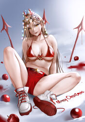 Rule 34 | 1girl, alternate costume, apple, armpit crease, arms behind back, artist name, bikini, bikini top only, blonde hair, blood, breasts, chainsaw man, chinese commentary, choker, christmas, collarbone, commentary, commentary request, cross-shaped pupils, demon horns, easonx, english commentary, eyewear on head, food, fruit, full body, hair between eyes, head tilt, highres, horns, knee up, large breasts, legs, long hair, looking at viewer, merry christmas, mixed-language commentary, parted lips, partial commentary, power (chainsaw man), red bikini, red choker, red footwear, red horns, red shorts, sharp teeth, shiny skin, shoes, short shorts, shorts, sidelocks, sitting, skindentation, sneakers, solo, star-shaped eyewear, star (symbol), swimsuit, symbol-shaped pupils, teeth, white footwear, yellow eyes