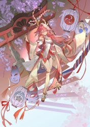 Rule 34 | 1girl, absurdres, animal ears, bare shoulders, cherry blossoms, chinese commentary, commentary request, detached sleeves, earrings, flower knot, fox ears, fox mask, full body, genshin impact, gohei, hand up, headpiece, highres, holding, holding gohei, holding wand, jewelry, lantern, leg up, long hair, looking at viewer, low-tied long hair, mask, unworn mask, mitsudomoe (shape), outstretched arms, paper lantern, petals, pink hair, purple eyes, red skirt, rope, sandals, shimenawa, skirt, smile, solo, standing, standing on one leg, suqing, tassel, tomoe (symbol), torii, vision (genshin impact), wand, wide sleeves, yae miko