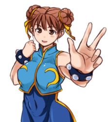 Rule 34 | 1girl, alternate costume, bare shoulders, blue vest, blush, bodysuit, bracelet, breasts, brown eyes, brown hair, capcom, chun-li, commentary request, covered navel, double bun, gold trim, hair ribbon, hands up, hanzo (2929), jewelry, lowres, outstretched arm, ribbon, simple background, skin tight, sleeveless, solo, spiked bracelet, spikes, street fighter, street fighter zero (series), striped, thighs, unitard, v, vertical stripes, vest, white background, yellow ribbon