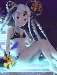 Rule 34 | 1girl, abigail williams (fate), abigail williams (swimsuit foreigner) (fate), abigail williams (swimsuit foreigner) (first ascension) (fate), bare shoulders, bikini, black bikini, black bow, bow, breasts, collarbone, colored skin, creature, double bun, fate/grand order, fate (series), forehead, grin, hair bun, highres, keyhole, long hair, looking at viewer, minako larima, multiple bows, night, night sky, orange bow, parted bangs, red eyes, sidelocks, sitting, sky, small breasts, smile, solo, stairs, star (sky), starry sky, swimsuit, thighs, third eye, very long hair, white hair, white skin