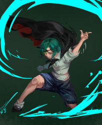 Rule 34 | 1girl, antennae, aura, black cape, black footwear, black neckerchief, blue shorts, cape, floating cape, green background, green hair, hand up, inishie kumo, looking at viewer, neckerchief, one-hour drawing challenge, on one knee, shirt, shoes, short hair, short sleeves, shorts, smile, socks, solo, touhou, two-sided cape, two-sided fabric, white shirt, wriggle nightbug