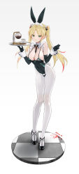 Rule 34 | 1girl, animal ears, black footwear, blonde hair, detached collar, elbow gloves, gloves, green eyes, highres, holding, holding tray, leotard, looking at viewer, maid headdress, multicolored hair, original, playboy bunny, pointy ears, rabbit ears, sherry (siino), siino, simple background, solo, tray, twintails, wrist cuffs