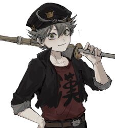 Rule 34 | 1boy, asta (black clover), belt, black clover, black jacket, cape, closed mouth, delinquent, green eyes, grey hair, highres, holding, holding sword, holding weapon, jacket, long bangs, looking at viewer, male focus, official alternate costume, poonwip, red shirt, shirt, simple background, smile, solo, sword, torn clothes, torn jacket, weapon, white background, wooden sword