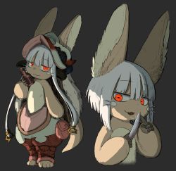 Rule 34 | 1other, :3, alternate eye color, alternate hair length, alternate hairstyle, ambiguous gender, animal ears, bad id, bad twitter id, black background, closed mouth, furry, glowing, highres, holding, holding knife, kawasemi27, knife, looking at viewer, made in abyss, nanachi (made in abyss), open mouth, red eyes, short hair, simple background, smile, sparkle, white hair
